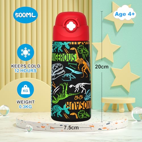 Boys Insulated Water Bottle with Covered Pop-Up Straw,16 oz Kids Cups with Stainless Steel Leak Proof for School（Red-Dinosaur） - color: A24.Dinosaur-Red, style: 1Pack