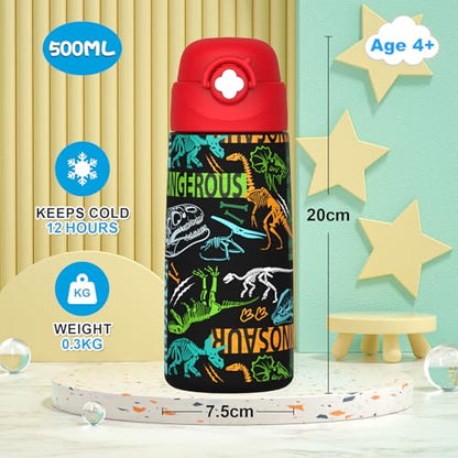 Boys Insulated Water Bottle with Covered Pop-Up Straw,16 oz Kids Cups with Stainless Steel Leak Proof for School（Red-Dinosaur） - color: A24.Dinosaur-Red, style: 1Pack