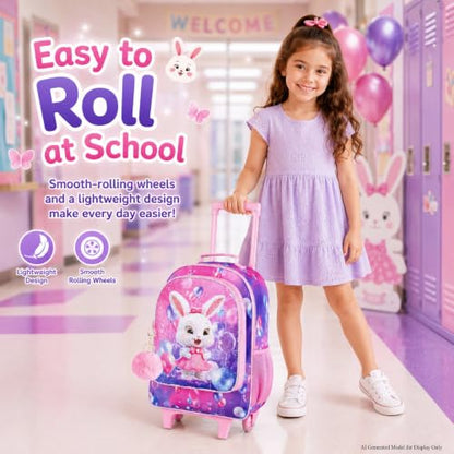 3Pcs Rolling Backpack for Girls, Kids Roller School Backpack with Wheels, Bunny Wheeled Bookbag for Elementary Preschool Kindergarten(Pink) - color: Pink Rabbit