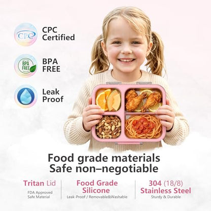 Stainless Steel Bento Lunch Box, 34oz/1000ml Leak Proof Metal Container, Lightweight 3mm Ultra-Narrow Bezel with Tritan Lid for Kids & Adults, 3-Compartment, BPA/BPS Free, Dishwasher Safe, Pink - color: Pink, size: 34oz/1000ml