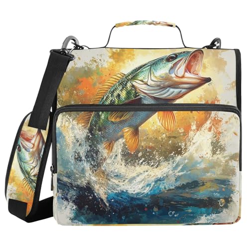 Zipper Binder Largemouth Bass Watercolor Fish Decor Trapper Keeper 3 Ring Binder Bag Multiple Pockets & Storage Organizer, 500 Sheet Capacity with Shoulder Strap - color: Multi-bass
