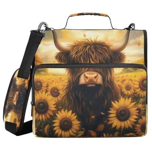 3 Ring Zipper Binder Sunflower Highland Cow Binders Bag with Shoulder Strap 500 Sheets Paper Organizer Trapper Keeper Documents Storage File Folder for School Office - color: A1188