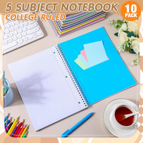 Fulmoon 10 Pcs 5 Subject Notebook Spiral Notebooks for School Office Hardcover Spiral Lined Notebook for Work, 240 Pages/ 120 Sheets, 8 x 10-1/2", 3 Hole Punched, 4 Removable Dividers (9/32 inch) - size: 9/ 32 inch