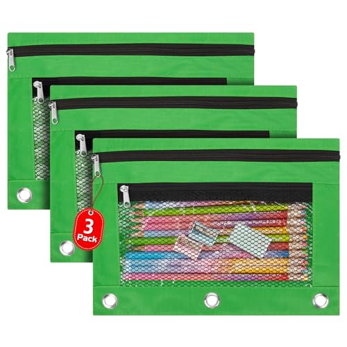 IKAYAS 3 Pack Pencil Pouch for 3 Ring Binder with Zipper, Pouch Bags for Classroom, Storing School Supplies, Green - color: Green