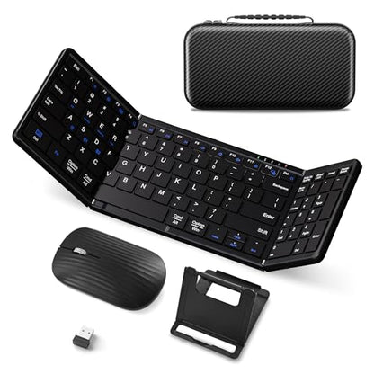 Portable Foldable Keyboard and Mouse Combo | Dual Mode Bluetooth×2+2.4G Wireless,Rechargeable Silent Full-Layout Travel Kit for iPad,Tablet,Laptop,Home & Office Black