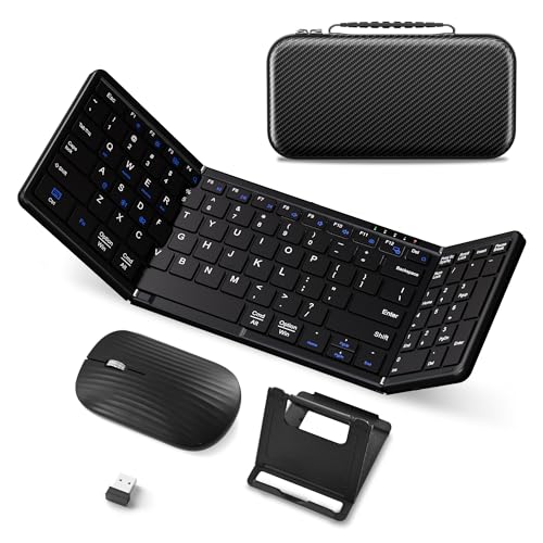 Portable Foldable Keyboard and Mouse Combo | Dual Mode Bluetooth×2+2.4G Wireless,Rechargeable Silent Full-Layout Travel Kit for iPad,Tablet,Laptop,Home & Office Black