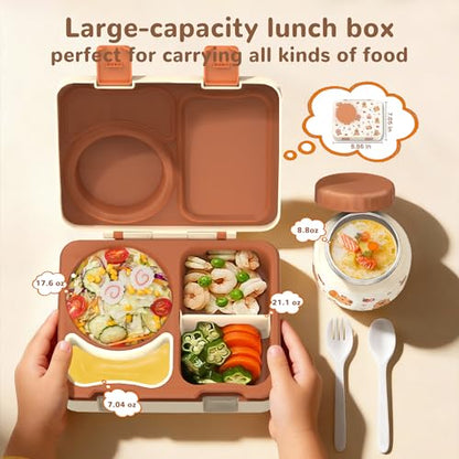 Bento Lunch Box for Kids Adult, Leakproof 3-4 Compartment Bento Box Set with Insulated Food Jar,Water Bottle, Lunch Bag, School Lunch Container for Toddler Teen Girls Boys Ages 3+(Brown) - color: Brown