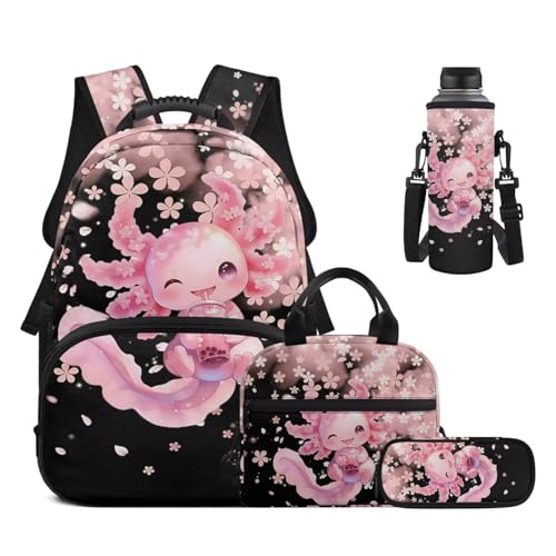 Kids Cute Axolotl 4 in 1 Backpack Set, Cherry Blossom Print Elementary School Bookbag with Lunch Box Pencil Case Water Bottle Holder for Girls - color: Cute Axolotl