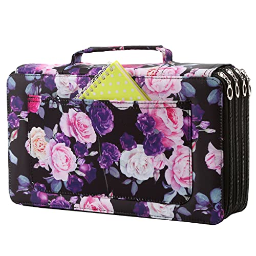 Colored Pencil Case- 300 Individual Slots Pencil Holder Pencil Bag Large Capacity Pencil Organizer with Handle Strap Handy Colored Pencil Box with Printing Pattern - color: Purple Rose, size: 300