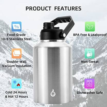 BJPKPK One Gallon(128 oz) Insulated Water Bottle, Dishwasher Safe Stainless Steel Jug, BPA Free Jug with Ergonomic Handle & Anti-slip Bottom, Large Water Bottle,Stainless Steel - color: Stainless Steel, style: 128oz
