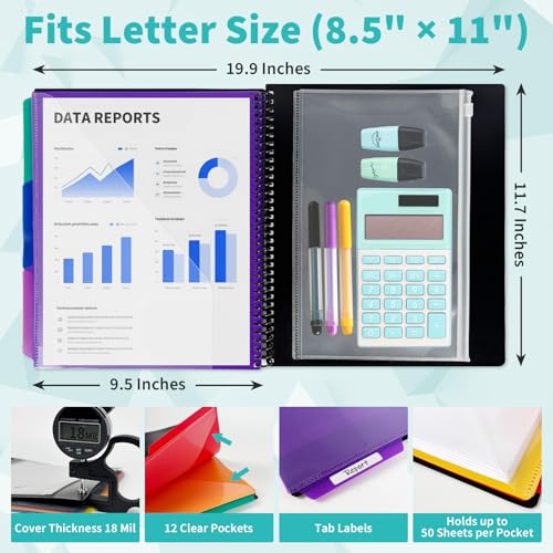 Binditek 12-Pocket Poly Project Organizer, 6 Dividers, Black | Multi Pocket Folder, Heavyweight Poly Cover, Clear Front Pocket, 1/3-Cut Tabs, Fixed Zipper Pouch, Letter Size - color: Black