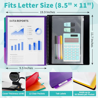 Binditek 12-Pocket Poly Project Organizer, 6 Dividers, Black | Multi Pocket Folder, Heavyweight Poly Cover, Clear Front Pocket, 1/3-Cut Tabs, Fixed Zipper Pouch, Letter Size - color: Black