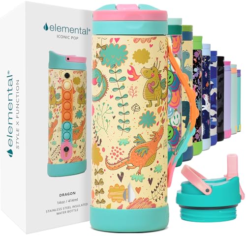 Elemental Iconic Kids Water Bottle for School - 100% Leak-Proof Insulated Water Bottles with Straw Lid & Pop-It Handle for Boys & Girls - Triple-Wall Insulated & BPA-Free, 14oz – Dragon - color: Dragon, size: 14 Ounces