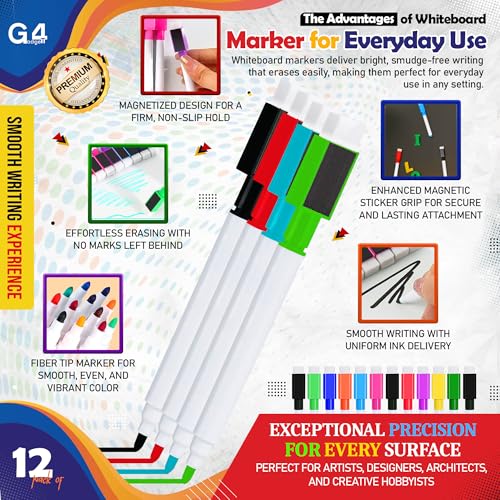 G4GADGET 12pcs Colourful Whiteboard Markers with Magnet & Eraser | Dry Wipe White Board Pens | Fine Tip, Low Odor, Non-Toxic Erasable Markers for Kids, Office, Classroom & Home Use