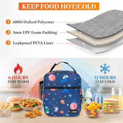 opux Insulated Lunch Bag for Kids Boys Girls, Small Compact Lunch Box with Wide Opening & Mesh Pockets, Reusable Lunch Pail for School, Work, Adults, Men, Women, Space Astronaut - color: Space Astronaut