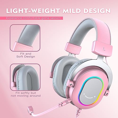 FIFINE PC Gaming Headset, USB Wired Headset with Microphone, 7.1 Surround Sound, in-Line Control, Computer RGB Over-Ear Headphones for PS4/PS5, for Streaming/Game Voice/Video-AmpliGame H6 (Pink) - color: Pink