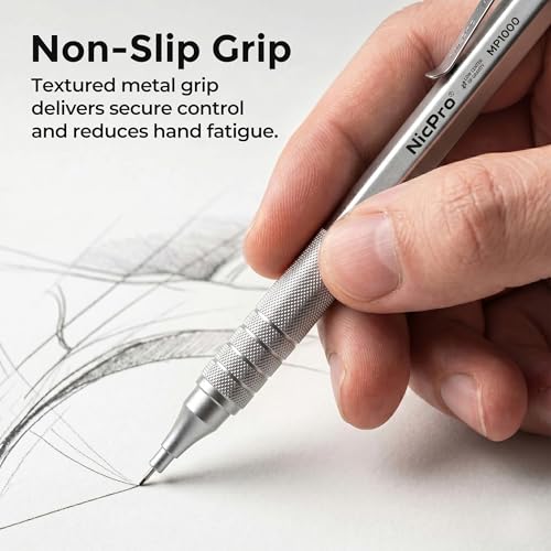Nicpro 0.7 Metal Mechanical Pencil Set with Case, 3PCS MP1000 0.7mm Artist Lead Pencil With 8 Tube HB Refills, 3 Erasers, 9 Eraser Refill For Architect Art Drafting Drawing Engineering, Sketching - color: Silver, style: 0.7 MM
