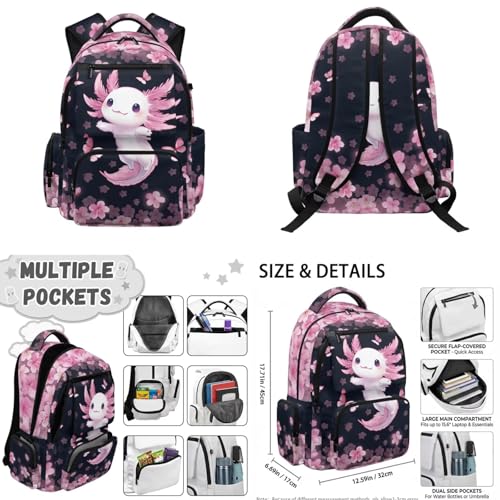 Cherry Blossom Backpack Axolotl Backpack for Girls with Lunch Box Water Bottle Holder and Aesthetic Pencil Case 4PCS Set 4th 5th 6th Grade Cute Bookbag 17 inch Kawaii School Bag for Boys - color: Cherry Blossom Axolotl