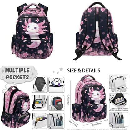 Cherry Blossom Backpack Axolotl Backpack for Girls with Lunch Box Water Bottle Holder and Aesthetic Pencil Case 4PCS Set 4th 5th 6th Grade Cute Bookbag 17 inch Kawaii School Bag for Boys - color: Cherry Blossom Axolotl