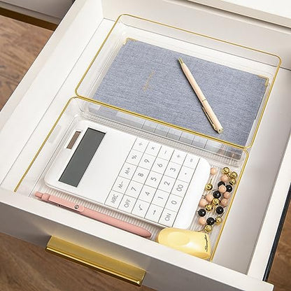 Martha Stewart Kerry Plastic Stackable Office Desk Drawer Organizers, 9" x 6", 3 Pack, with Gold Trim - size: 9" x 6"