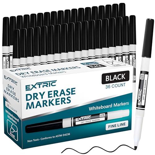EXTRIC Black Dry Erase Markers Fine Tip 36 PK Whiteboard Markers | Use: School, Classrooms, Offices, Color: Vivid Black Ink, Tip Style: Fine Tip, Feature: Low-Odor and Non-Toxic - color: Black, size: 1 Count (Pack of 36)