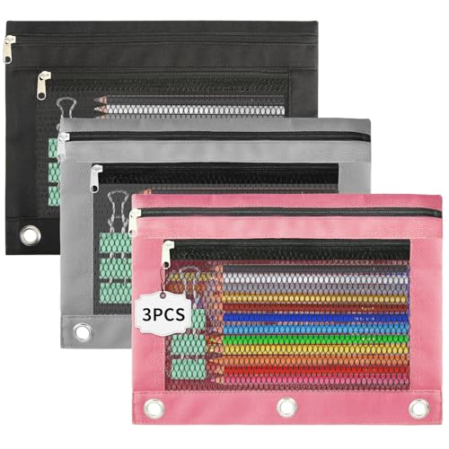 Pencil Pouch for 3 Ring Binder - 3 Pack Zippered Pencil Pouches with Transparent Mesh Window| Binder Pouch with Smooth Zippers| Zippered Pencil Bag for School Office Students, Black+Grey+Pink - color: Black & Grey & Pink