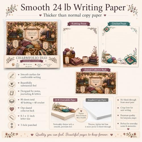 Charmfolio Duo Knitting & Crochet Binder Paper, 80 College Ruled Sheets, 8.5 x 11 3 Hole Punched Loose Leaf Stationery, Back to School Basics, Backpack Essentials for Crafty Besties