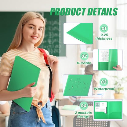Gueevin 100 Pack Plastic Folder with Pockets, 2 Pocket Folders, Plastic Glossy Folders Fit Letter Size Paper, Heavy Duty Durable File Folder with Business Card for Home Office School (Green) - color: Green