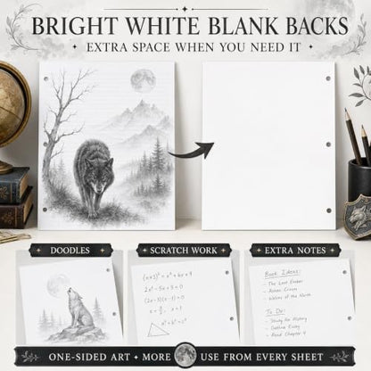 Alpha & Luna Dark Fantasy Wolf Loose Leaf Paper, 50 Sheets, College Ruled
