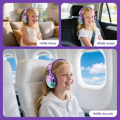QearFun Kids Bluetooth Headphones, 60H Playtime, 74/85/94dB Safe Volume Limit, Metallic Gradient Wireless Headset with HD Mic, Fast Charging, Foldable, Wired 3.5mm Mode for School/Tablet/Travel - color: Purple
