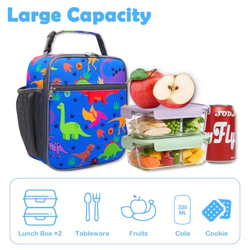 FlowFly Kids Lunch box Insulated Soft Bag Mini Cooler Back to School Thermal Meal Tote Kit for Girls, Boys, Dinosaur - color: Dinosaur