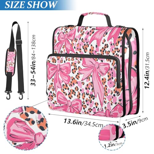 3 Ring Zipper Binder with Shoulder Strap Pink Bow Leopard Print 1.5 inch Binders Keeper Large Capacity Multi Pockets for School Office Supplies - color: Multi399, size: Fit 500 Sheets