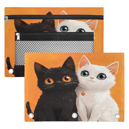 Black White Cats Pencil Pouch for 3 Ring Binder Kitten Orange Pencil Case Bag with Clear Window Zipper Pockets for Kids Girls Boys Students School College Supplies 2 Pack - color: Orange Black White