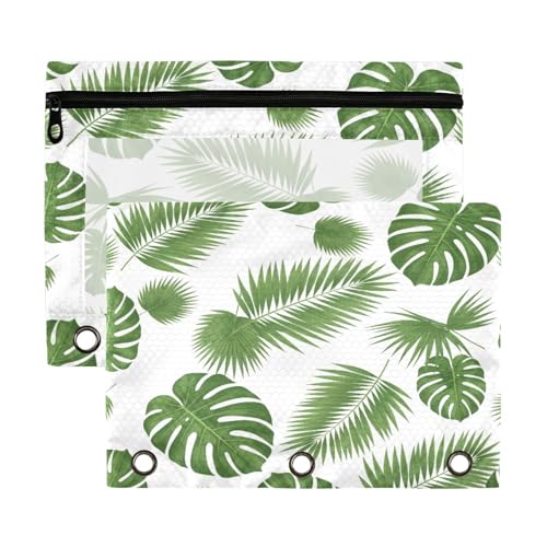 Blueangle Tropical Leaf Pencil Pouch for 3 Ring Binder, 2 Pack Clear Window Zipper Pencil Bags for Office