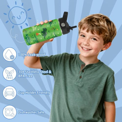 Hiboss Dinosaur Gifts for Boys, 16oz Kids Water Bottle with Straw Lid, Stainless Steel Insulated Dino Cup Tumbler, Dinosaur Lovers Birthday Gifts for School Sport Travel - color: Dinosaur