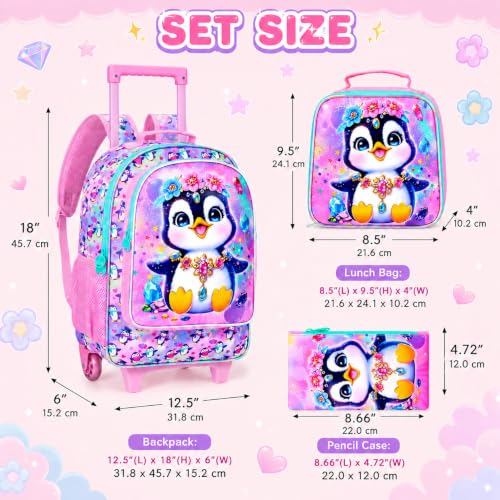 3Pcs Rolling Backpack for Girls, Penguins Kids School Backpacks with Wheels, Roller Bookbag with Lunch Box for Elementary Preschool(Pink) - color: Penguin Pink