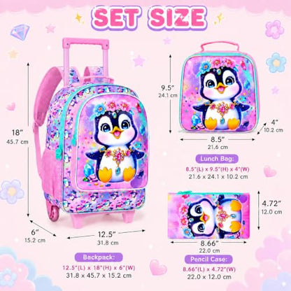 3Pcs Rolling Backpack for Girls, Penguins Kids School Backpacks with Wheels, Roller Bookbag with Lunch Box for Elementary Preschool(Pink) - color: Penguin Pink