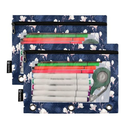 Gredecor 3 Ring Binder Pencil Pouch, Magnolia White Flowers on Navy Blue Zippered Pen Case Pouches with Clear Window, 2 Pack Stylish Office & School Supplie - color: Magnolia White Flowers on Navy Blue