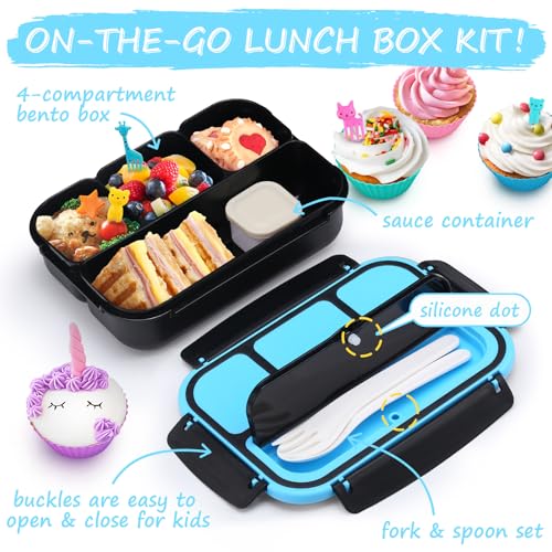 QQKO Bento Box for Kids Adults, School Toddler Lunch Box for Boys Girls, Lunch Box Containers with 4 Compartments, Sauce Container, Utensils, Food Picks and Muffin Cups for School, Black Blue - color: Black Blue