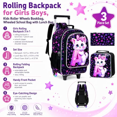 WZLVO 3PCS Kids Backpack with Wheels, 18" Sparkling Cat Print Roller Backpack for Girls with Light-Up Wheels, Includes Matching Lunch Bag & Pencil Bag - Cat Hugging A (Purple) - color: 3PCS Girls Rolling Backpack - Cat Hugging A