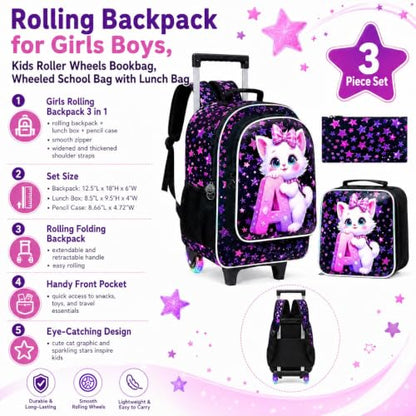 WZLVO 3PCS Kids Backpack with Wheels, 18" Sparkling Cat Print Roller Backpack for Girls with Light-Up Wheels, Includes Matching Lunch Bag & Pencil Bag - Cat Hugging A (Purple) - color: 3PCS Girls Rolling Backpack - Cat Hugging A