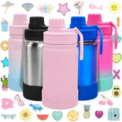 CHILLOUT LIFE 12oz Kids Insulated Stainless Steel Water Bottle with Leak Proof Spout Lid & 144 Stickers - color: Blush Pink, style: 12 oz