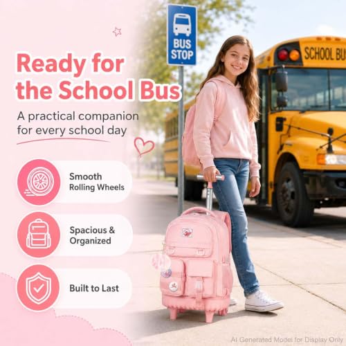 CCJPX Rolling Backpack for Girls Women, 21 inch Roller Wheels School Bookbag, Wheeled Suitcase Backpacks with Lunch Bag for Teen - Pink - color: Pink