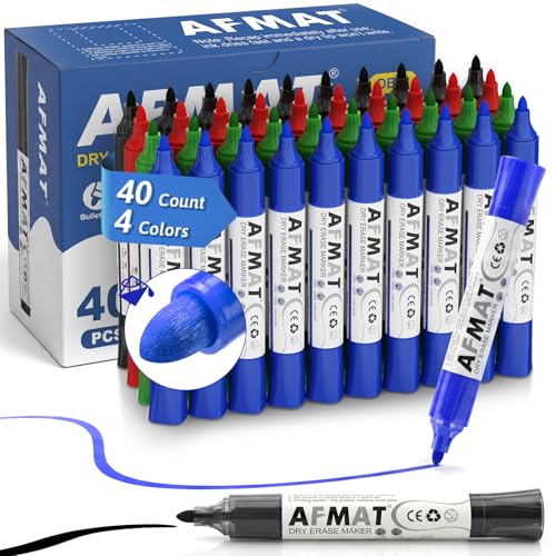 AFMAT Dry Erase Markers, 40-Count 4 Colors Whiteboard Markers, Bullet Tip, High-Capacity Liquid Ink for 1,700m Writing Length, w/Visible Ink Level, Low Odor Erasable for Teacher Office Classroom