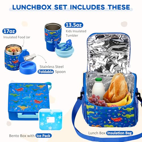 Pawtong Lunch Box Set with Bento Box Container, 17OZ Stainless Steel Food Soup Thermo, Kids Water Bottle & Portable Insulated Lunch Bag, Leakproof, Hot/Cold Retention for School, Travel (Dinasour) - color: Blue-Dinasour