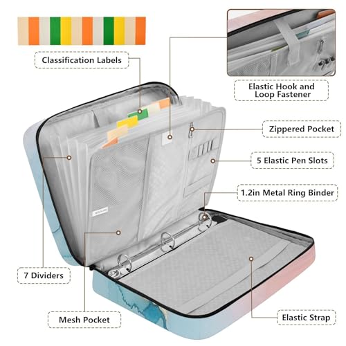 ALAZA Blue Teal Pink Marble Zipper Binder with Handle, 7-Pocket Expanding File Folder, Detachable 3-Ring Binder, File Organizer for Home Office Work A4 Letter Size Paper Document
