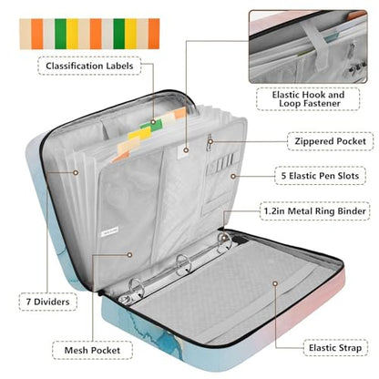 ALAZA Blue Teal Pink Marble Zipper Binder with Handle, 7-Pocket Expanding File Folder, Detachable 3-Ring Binder, File Organizer for Home Office Work A4 Letter Size Paper Document