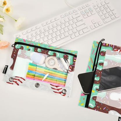 Gredecor 3 Ring Binder Pencil Pouch, Ice Cream Baseball (1) Zippered Pen Case Pouches with Clear Window, 2 Pack Stylish Office & School Supplie - color: Ice Cream Baseball (1)