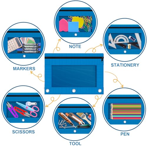 Pencil Pouch for 3 Ring Binder, 2 Pack Pencil Bags with Zipper, Blue Pencil Case for Classroom School Office Supplies, Large Sturdy and Durable Cloth Pencil Pocket for 3 Holder Binder - color: Blue