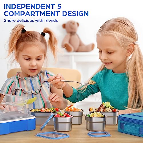 Bento Box Stainless Steel Lunch Box Set with for Lunch Bag Kids Adult 5-Compartment Leakproof Insulated Lunch Containers with Utensils for School Works, Metal Lunchbox Tray BPA-Free (Blue)